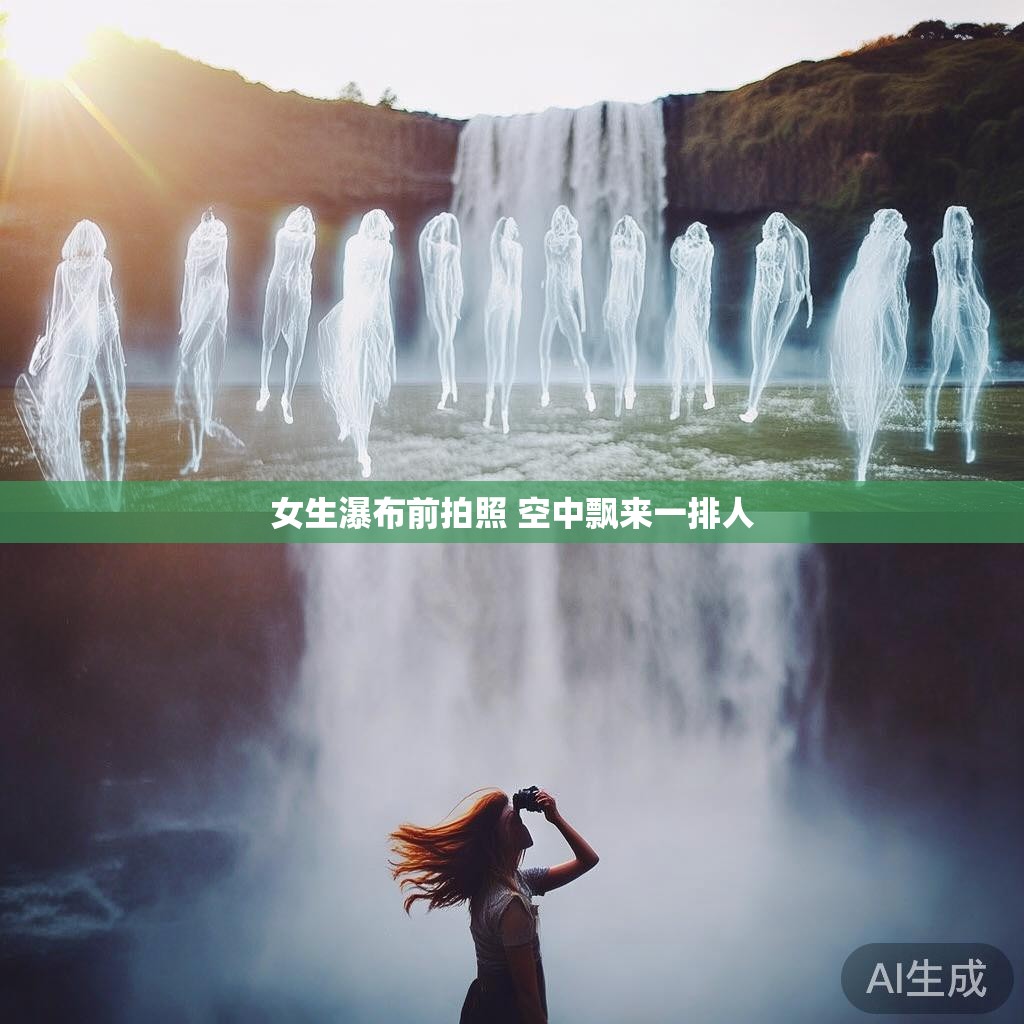 女生瀑布前拍照 空中飘来一排人 女生瀑布前拍照 空中飘来一排人