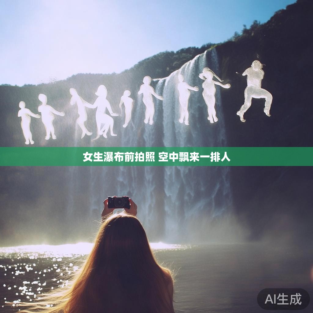 女生瀑布前拍照 空中飘来一排人 女生瀑布前拍照 空中飘来一排人